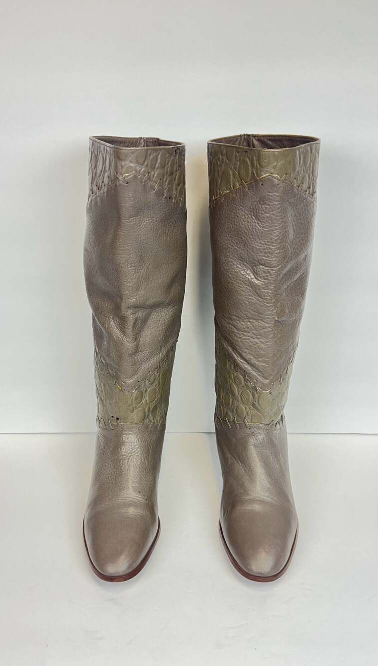 Vintage Grey Leather Croc Embossed Brazil Riding Boots Boho Size 8 M Western - Picture 2 of 8